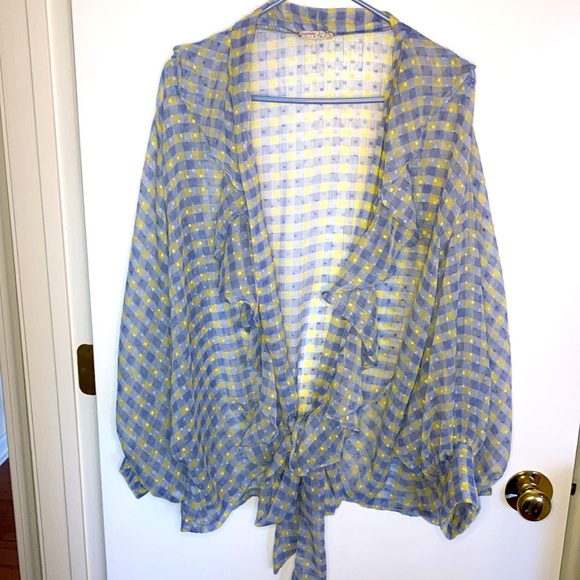 Free People Picnic Plaid, Tie front, Blue and Yellow Kimono, One Size - Picture 2 of 10